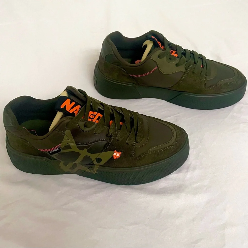 RARE Naked Wolfe Piranha Camo Army Green and Vibrant Orange Contrast Sneakers